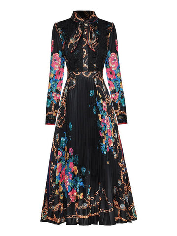 TERESE Bow Floral Pleated Midi Dress in Black