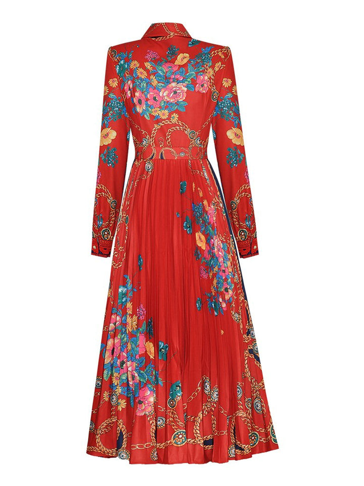 TERESE Bow Floral Pleated Midi Dress in Red