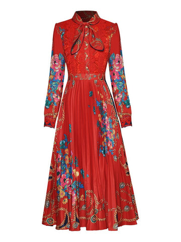 TERESE Bow Floral Pleated Midi Dress in Red