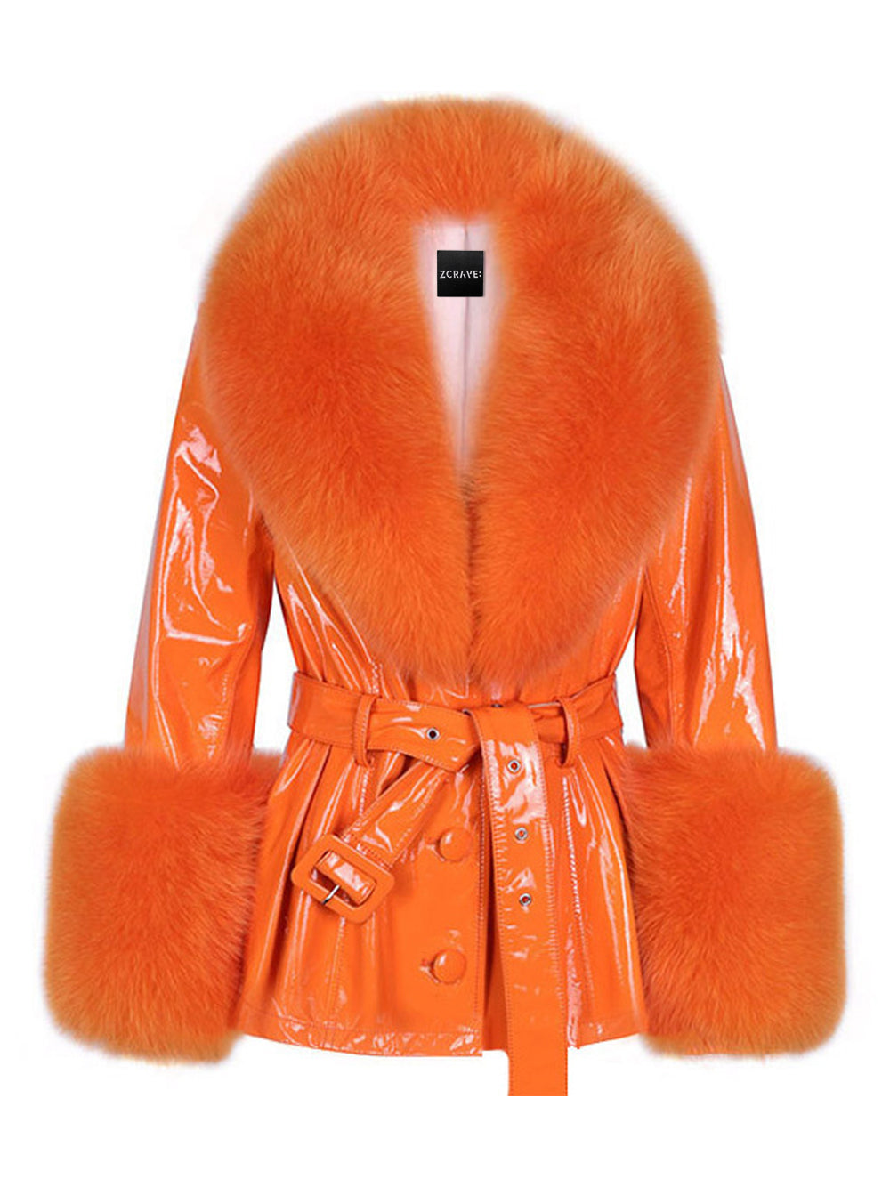 Fur Patent Leather Short Coat in Orange