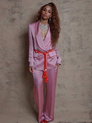 Tasseled Satin Blazer + Pants (Two-Piece Set) in Pink