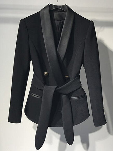 Belted Double-Breasted Crêpe Blazer in Black