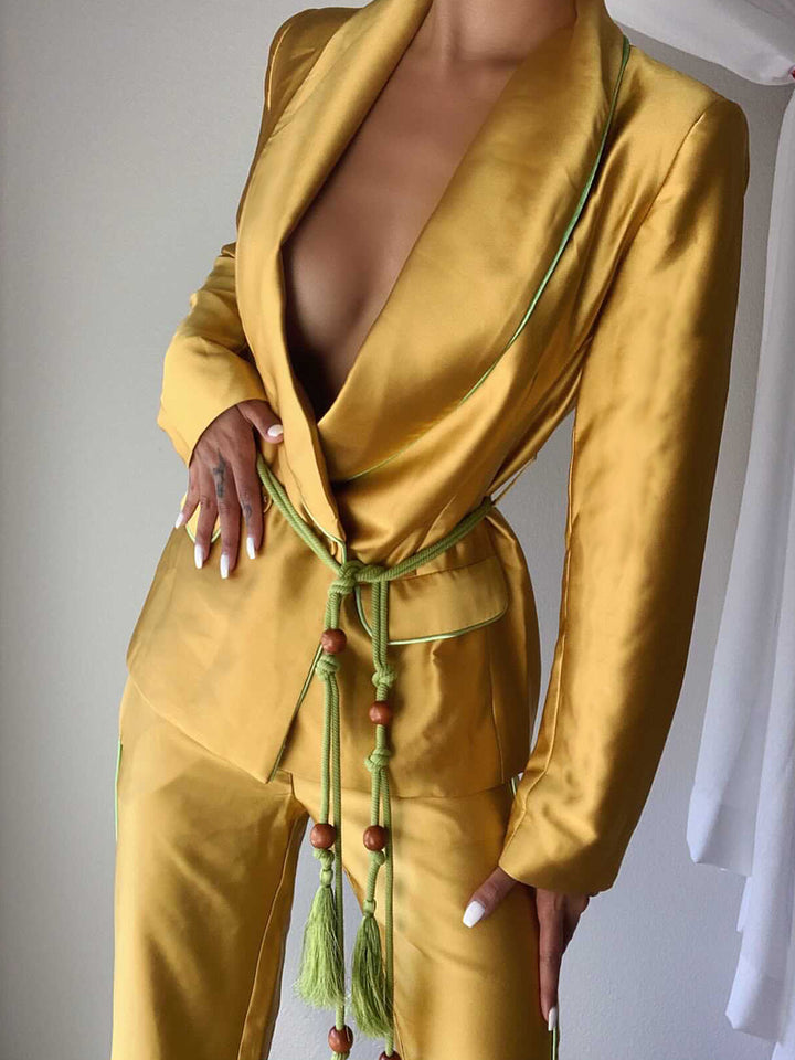 Tasseled Satin Blazer + Pants in Gold