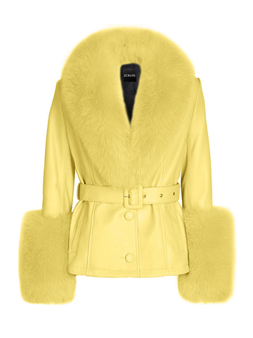 Fur Foxy Leather Short Coat in Yellow