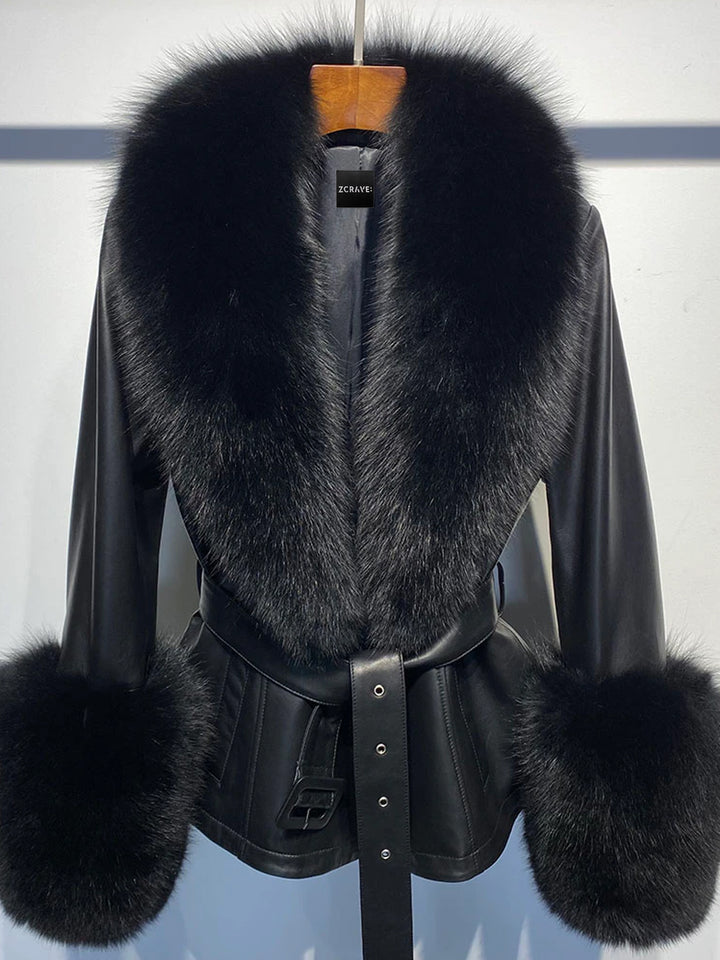 Fur Foxy Leather Short Coat in Black