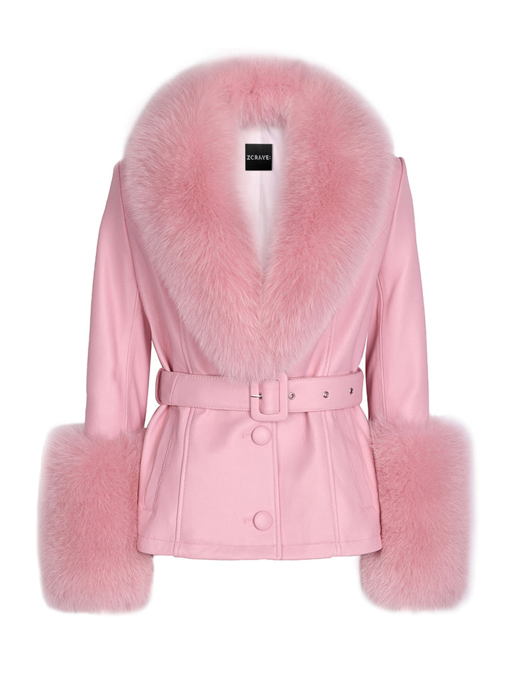 Fur Foxy Leather Short Coat in Pink