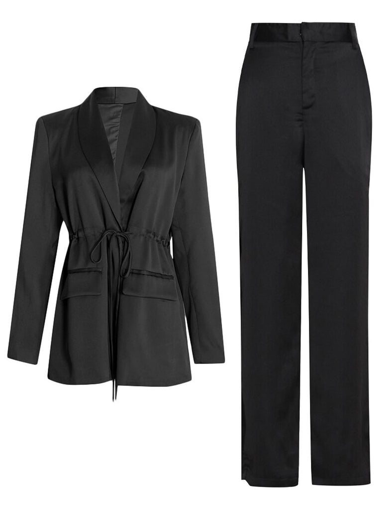 VERSO Satin Drawstring Blazer & Pants Set in Black