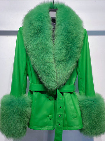 Fur Foxy Leather Short Coat in Green