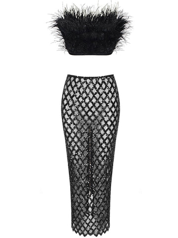 MAGLINA Feather Top & Sequins Skirt Set in Black