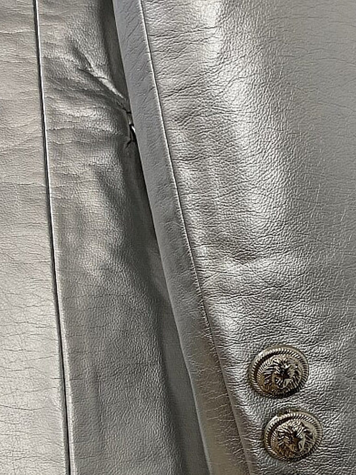 Silver Double-breasted Leather Blazer