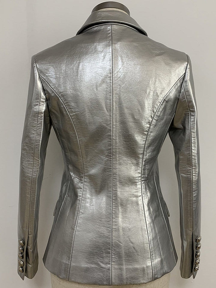 Silver Double-breasted Leather Blazer