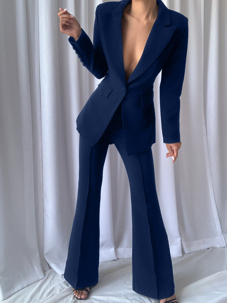 Plunge Blazer & Flared Trouser Suit Set
