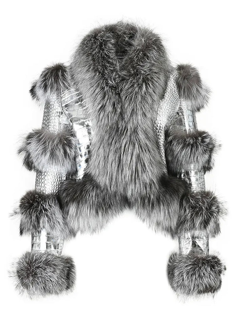 LITALY Fur Trim Leather Jacket in Silver