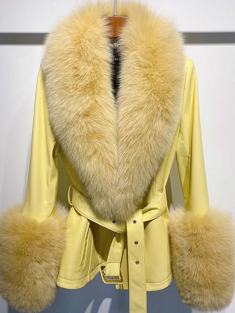 Fur Foxy Leather Short Coat in Yellow