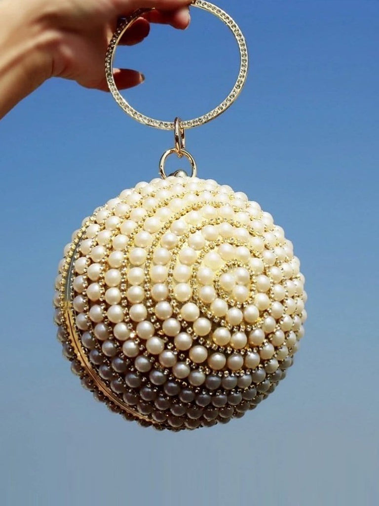 SnS Fashions Beaded Round Balls White Pearl Bag in Golden Rings Exquisite  Bridal Pearl Bag with Potli
