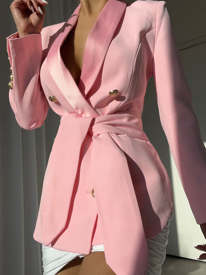 Belted Double-Breasted Crêpe Blazer in Pink