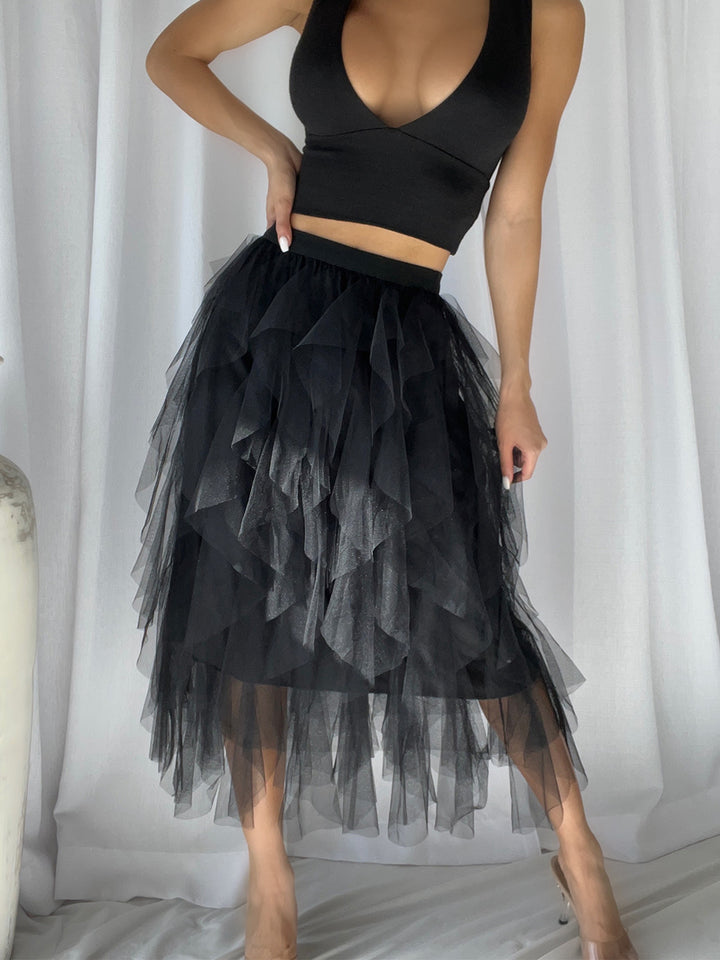 PISANA Asymmetrical Mesh Skirt in Black
