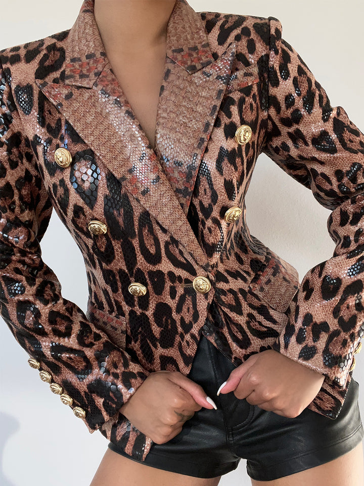 Double Breasted Leopard Leather Jacket