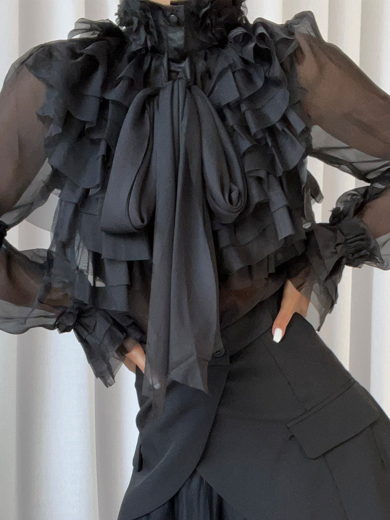 CORAL Bowknot Ruffle Blouse in Black – ZCRAVE