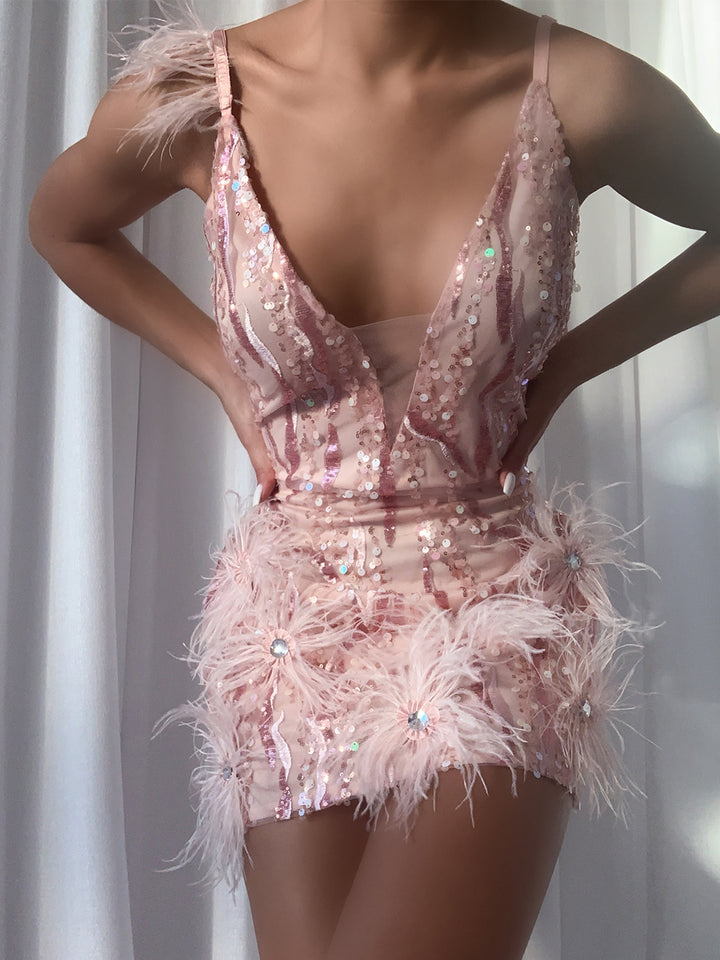 PIUMA Sequins & Feathers Mini Dress