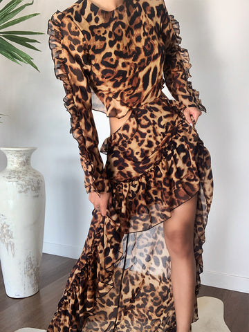 Cut-Out Open Leopard Chiffon Dress