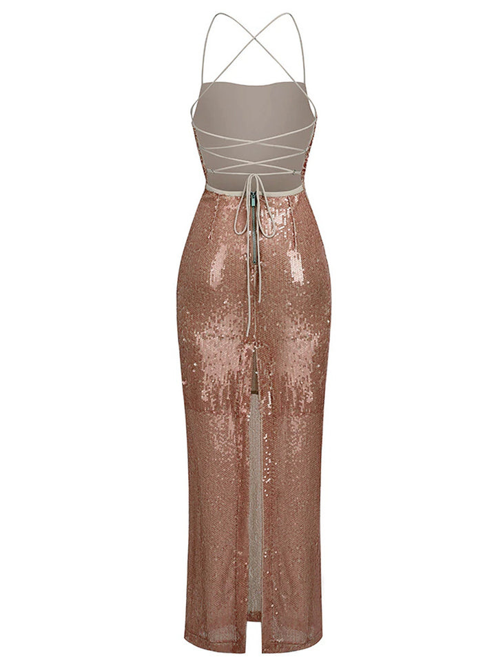 VESSAI Sequins Maxi Dress in Brown