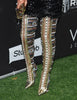 Gold Beaded Pointed Toe High Knee Heel Boots
