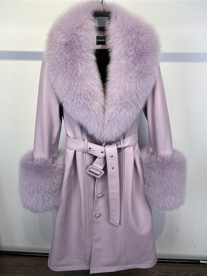 Faux Fur Genuine Leather Coat in Lavender