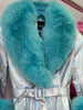 Faux Fur Genuine Leather Coat in Silver / Turquoise