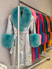 Faux Fur Genuine Leather Coat in Silver / Turquoise