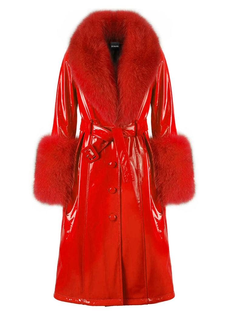 Faux Fur Genuine Patent Leather Coat in Red – ZCRAVE