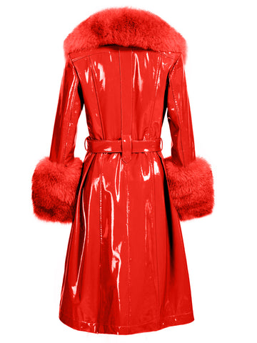 Faux Fur Genuine Patent Leather Coat in Red