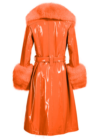 Faux Fur Genuine Patent Leather Coat in Orange