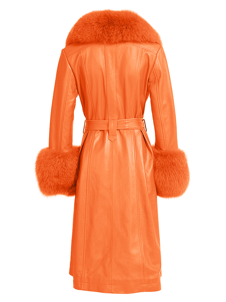 Faux Fur Genuine Leather Coat in Orange
