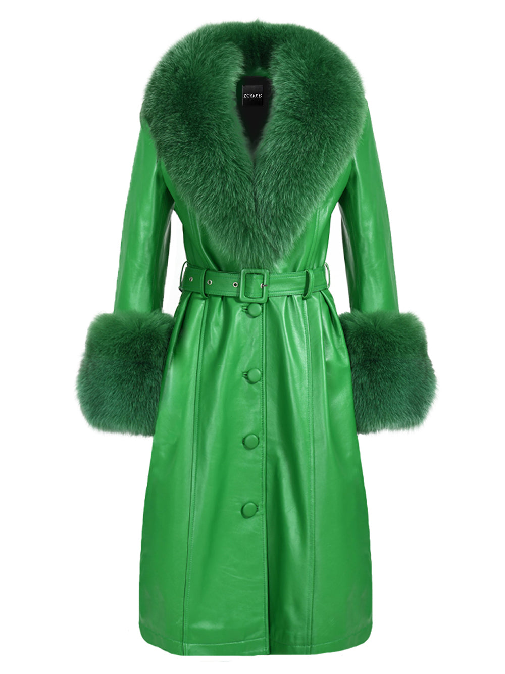 Faux Fur Genuine Leather Coat In Emerald Green