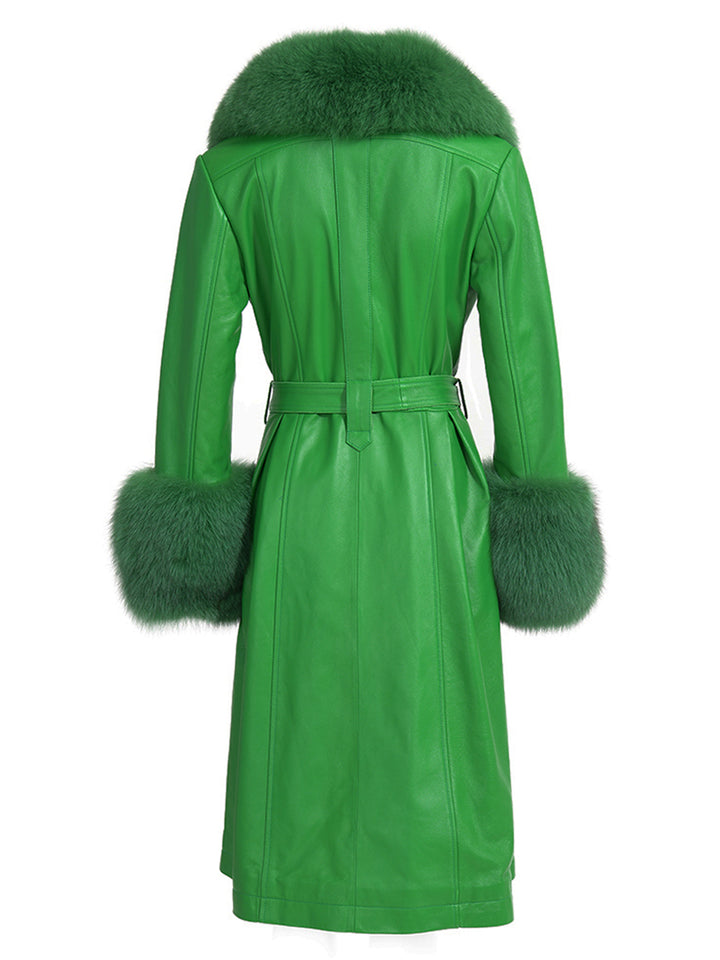Faux Fur Genuine Leather Coat In Emerald Green