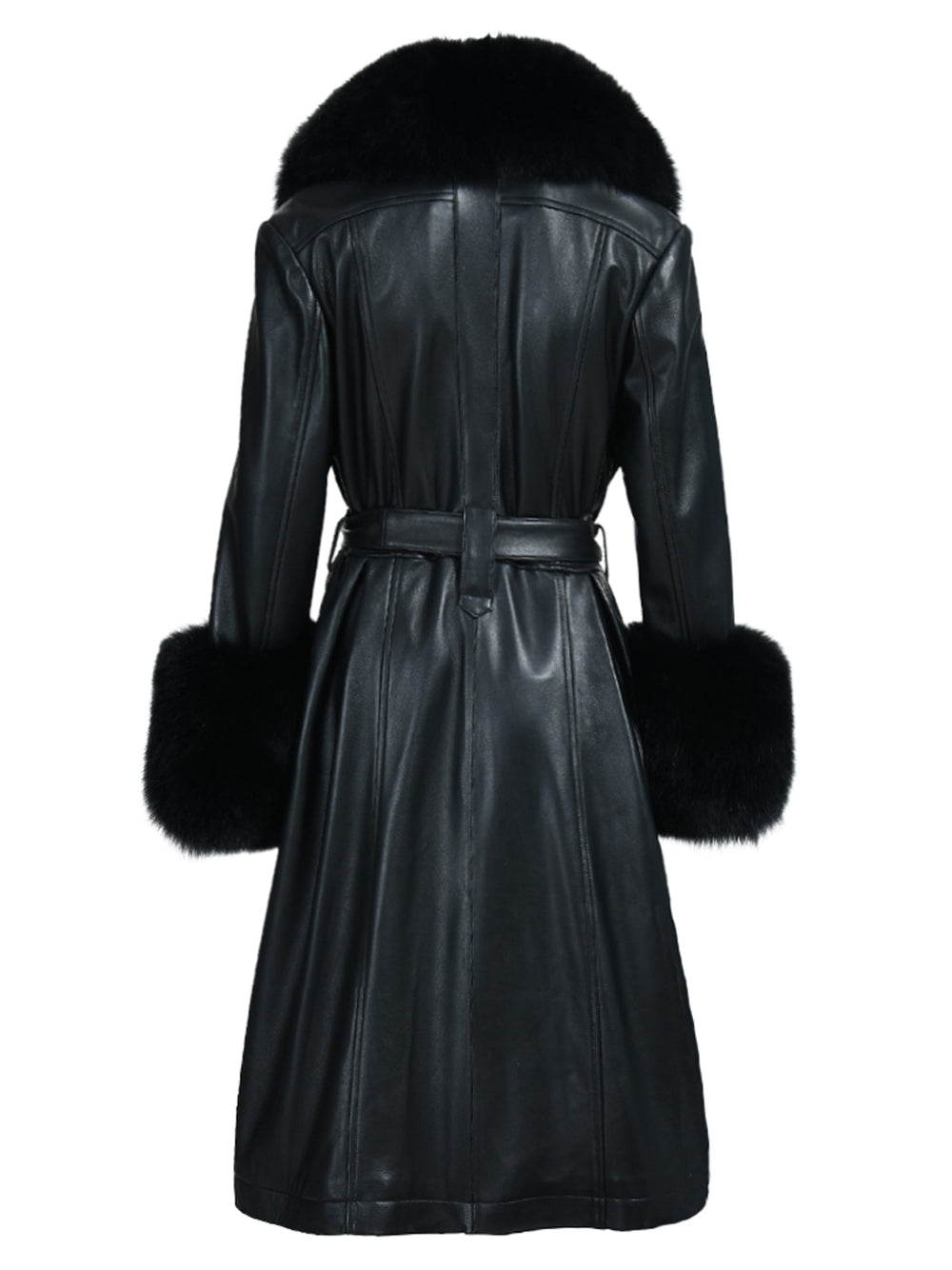 Faux Fur Genuine Leather Coat in Black