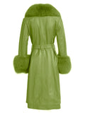 Faux Fur Genuine Leather Coat In Lime Green