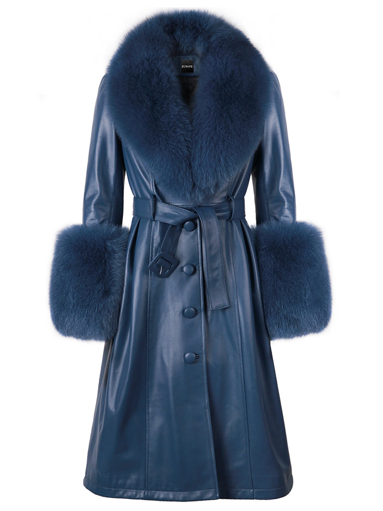 Faux Fur Genuine Leather Coat in Yale Blue