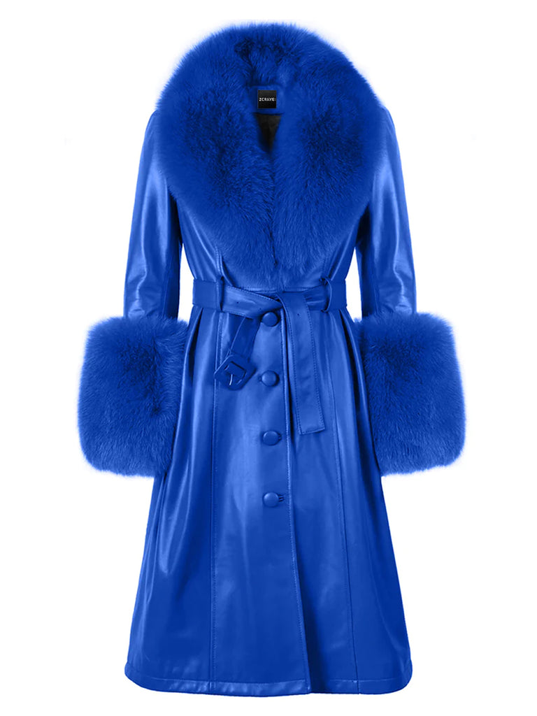 Jackets Faux Fur Genuine Leather Coat in Blue, Blue / 5XL