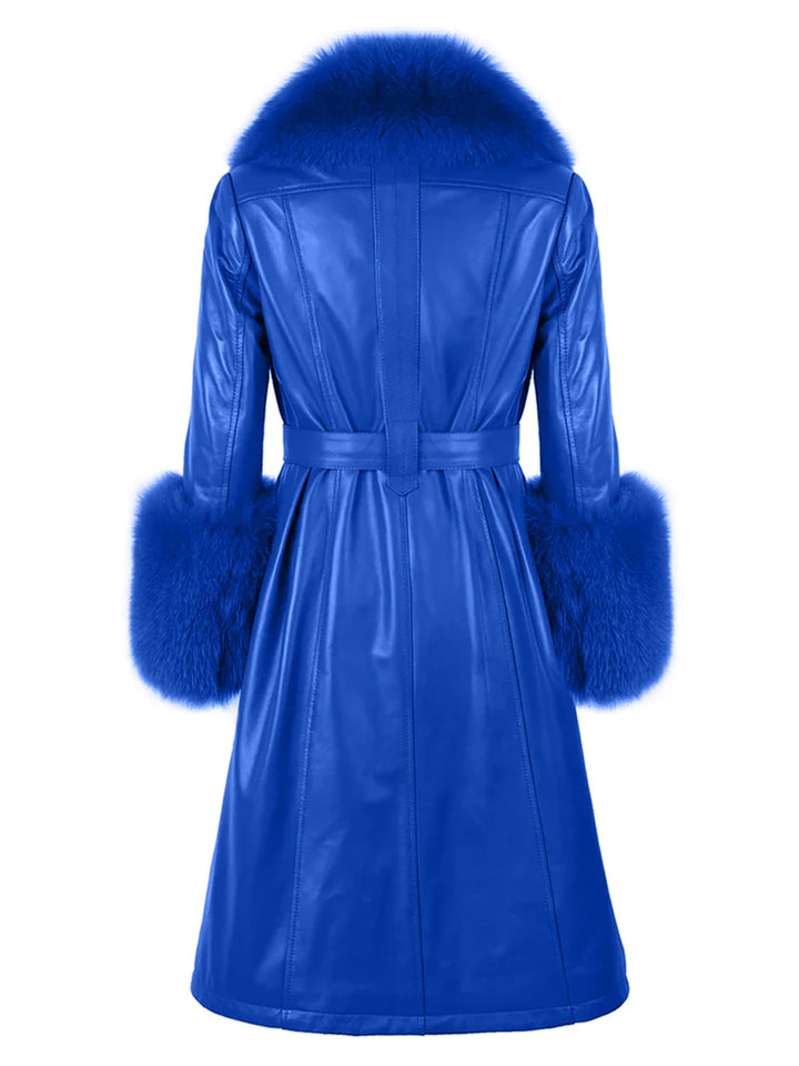 Faux Fur Genuine Leather Coat in Blue