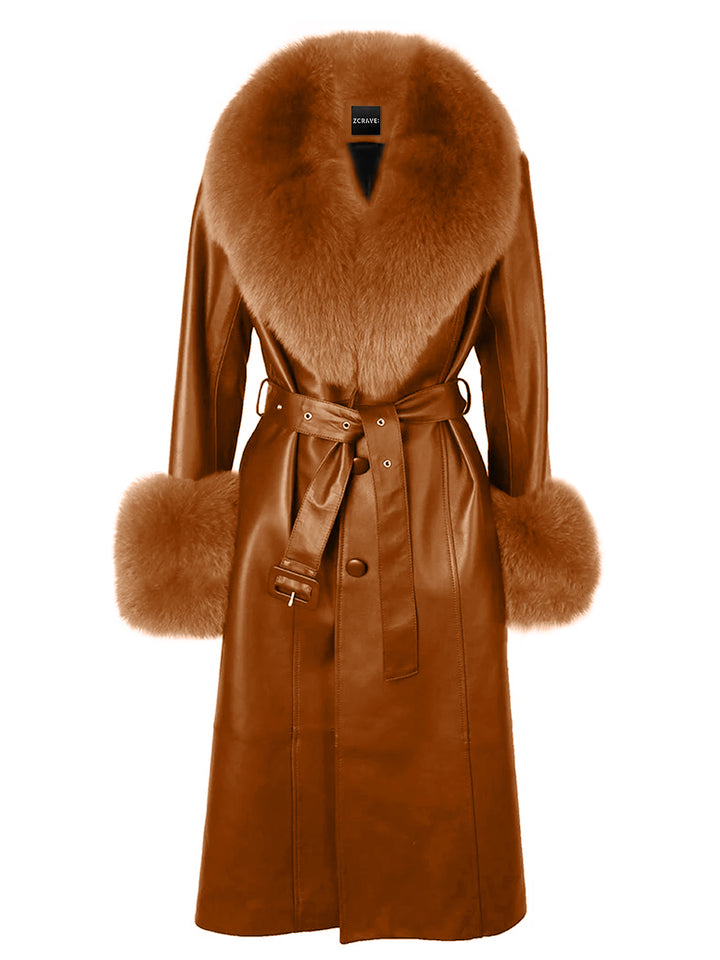 Faux Fur Genuine Leather Coat in Brown