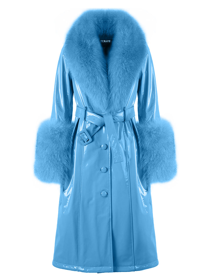 Faux Fur Genuine Patent Leather Coat in Light Blue