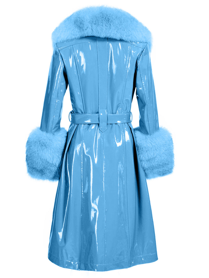 Faux Fur Genuine Patent Leather Coat in Light Blue