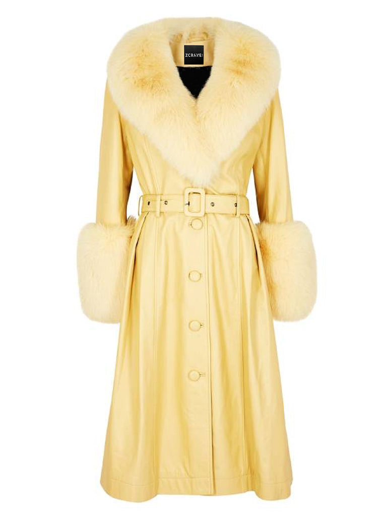 Faux Fur Genuine Leather Coat in Yellow – ZCRAVE