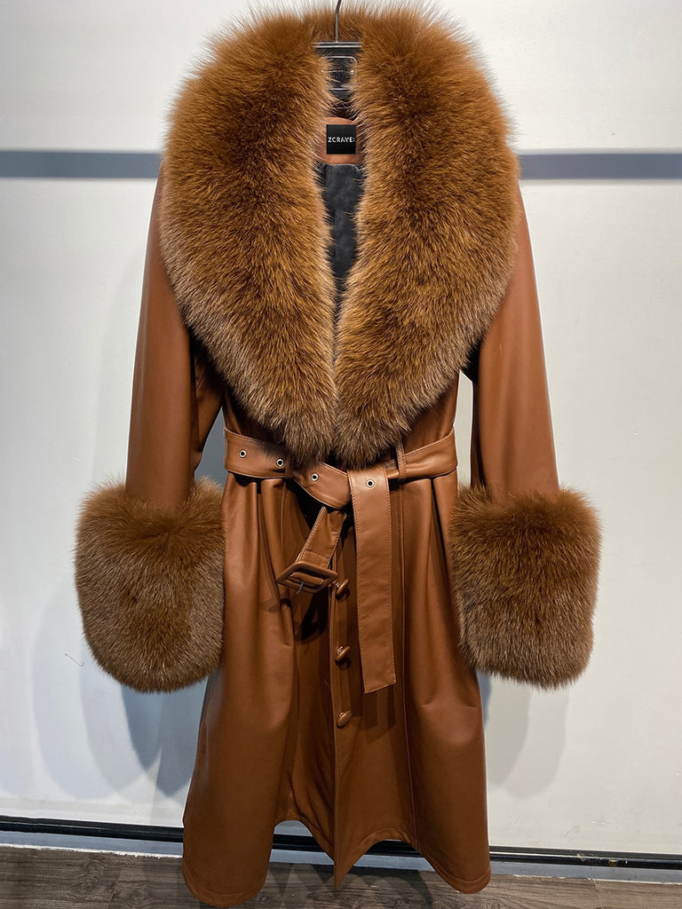 Faux Fur Genuine Leather Coat in Blue – ZCRAVE
