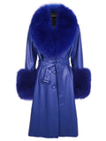 Faux Fur Genuine Leather Coat in Navy Blue