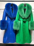 Faux Fur Genuine Leather Coat in Blue