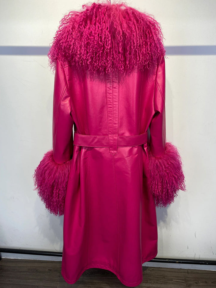 Fluffy Faux Fur Genuine Leather Coat in Pink