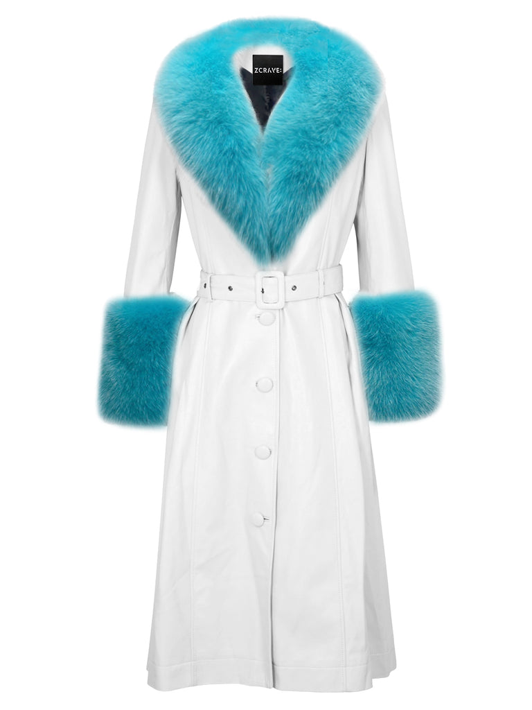 Faux Fur Genuine Leather Coat in White & Blue